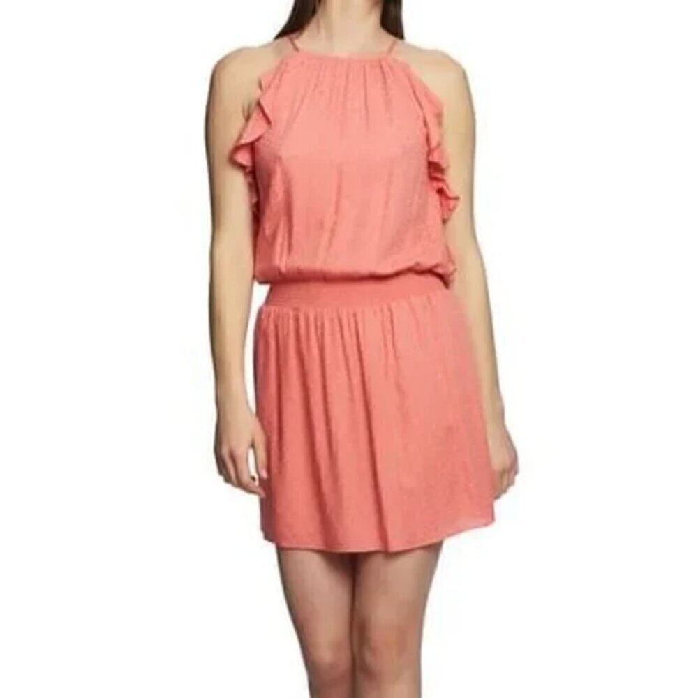1.STATE Ruffled Halter Neck Smocked Waist Coral Mini Dress Sz 4